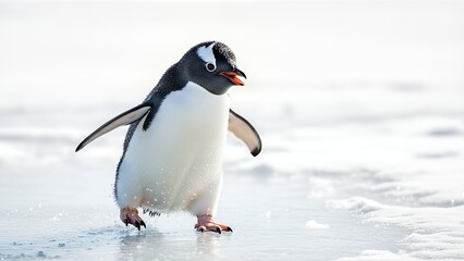 Obraz premium A Gentoo Penguin Waddles Across a Snowy Landscape on a Bright Day.