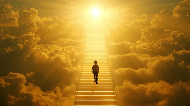 Silhouette of person walking up staircase through golden clouds toward bright sunlit sky