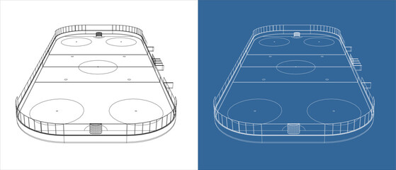 Front View Low Angle Perspective of Ice Hockey Rink Wireframe Blueprint