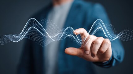 Hand touches digital sound waves in a creative display of technology in a controlled indoor setting during a workshop