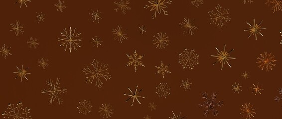 Abstract design of golden snowflakes against a rich brown backdrop, perfect for festive holiday designs and wint