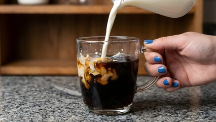 Pouring Milk into Glass of Cold Coffee.