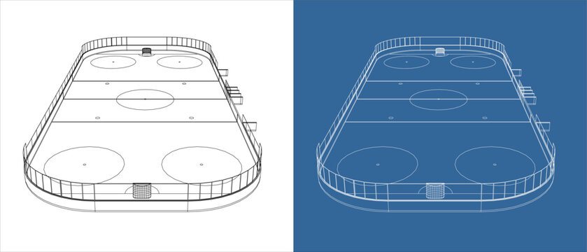 Front View Low Angle Perspective of Ice Hockey Rink Wireframe Blueprint