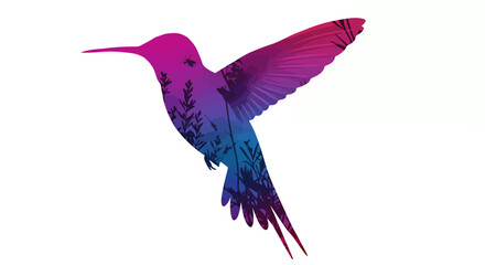 Obraz premium Gradient Hummingbird Silhouette: Vibrant Pink to Blue with Botanical Pattern Overlay, Representing Nature's Beauty and Grace in Flight