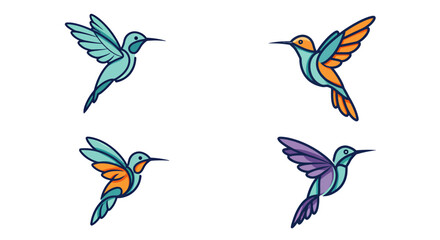 Set of Four Stylized Hummingbird Illustrations: Vibrant Avian Designs in Teal, Orange, and Purple, Capturing Dynamic Flight