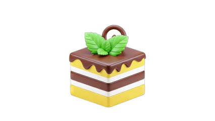 3D Cake with Mint Leaves on White Background
