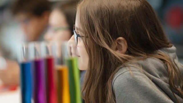 Young Scientist's Curiosity: A curious young student, her gaze fixated on colorful lab equipment, explores the wonders of science with focused intensity.
