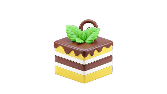 3D Cake with Mint Leaves on White Background