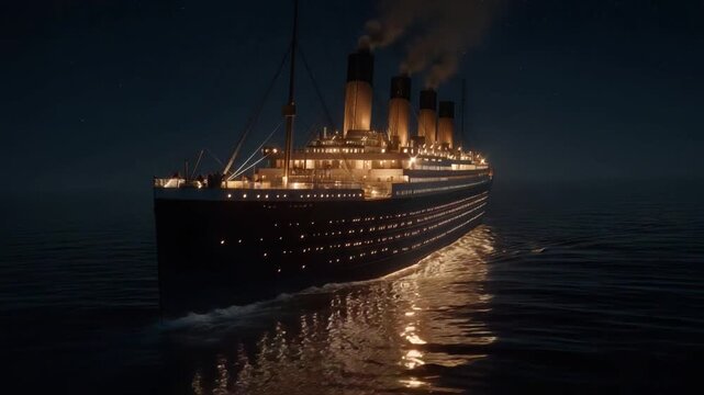 RMS Titanic at Sea: A majestic ocean liner gracefully navigates the open sea under the cloak of night, its lights illuminating the dark waters and sky above.