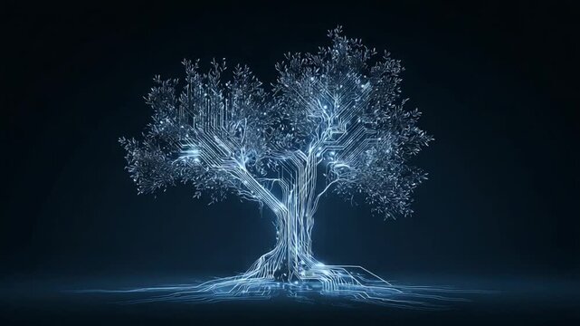 Digital Tree: A captivating depiction of a digital tree, showcasing intricate detail and luminescent glow against a dark background, evoking a sense of technological marvel and natural beauty.