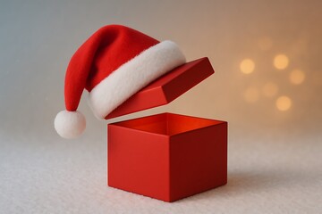 Playful Open Red Gift Box with Floating Lid and Santa Hat on a Snowy White and Golden Bokeh Background