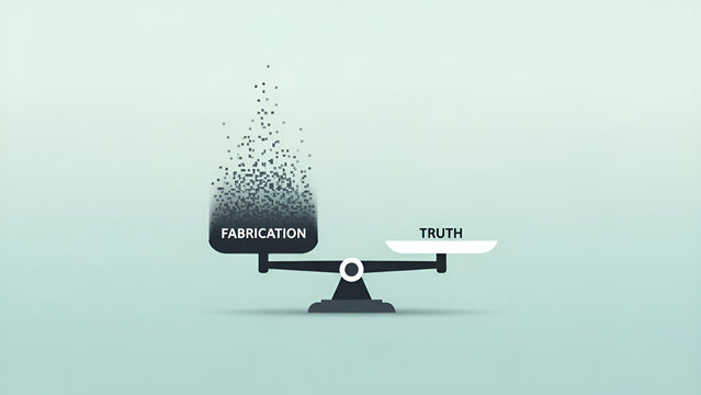 Illustration showing fabrication outweighing the truth on a digital balance scale.