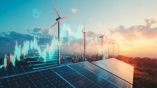 Renewable energy landscape showcasing solar panels and wind turbines at sunset with financial graphs in the background