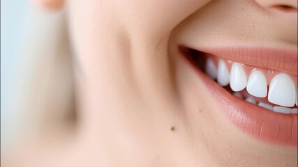 Smiling woman revealing bright, healthy teeth, representing dental wellness and positive oral care habits video 4k