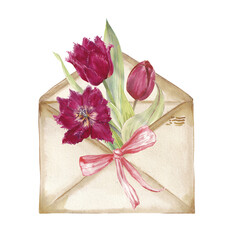 Watercolor illustration of an envelope filled with blooming tulips, decorated with a pink ribbon. Romantic spring floral artwork, hand painted, perfect for greeting cards, invitations, love letters, a