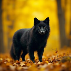 AI generated Majestic black wolf stands vigilant among golden trees in misty autumn forest