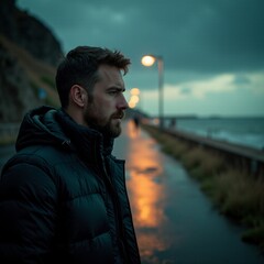 AI generated Figure witnesses churning ocean waves from seaside promenade during evening