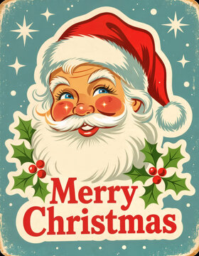 Vintage  Merry Christmas Illustration with Santa Claus in Retro Holiday Style