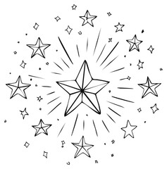 Fototapeta premium Hand drawn doodle illustration of a large shining starburst surrounded by smaller stars