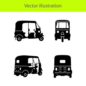 Set of auto rickshaw icons in black silhouette style
