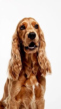 Adorable golden-brown cocker spaniel dog looking intently at camera on clean white background
