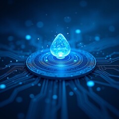 AI generated Luminescent drop above microchip projecting holographic radiation