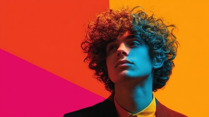 Colorful portrait of a young person with curly hair looking up against bright geometric backgrounds in a studio setting
