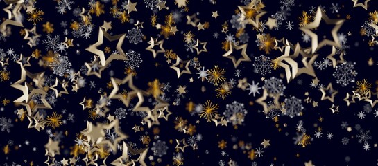 Christmas and New Year festive background with floating golden stars and snowflakes on a dark blue background.