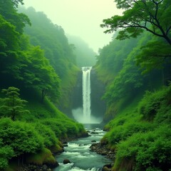 AI generated Vast waterfall descending into peaceful jungle with mist and crystal streams
