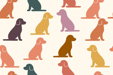 A cute seamless pattern featuring sitting dog silhouettes in warm pastel tones on a light background, creating a playful, cozy, and charming pet-themed design.