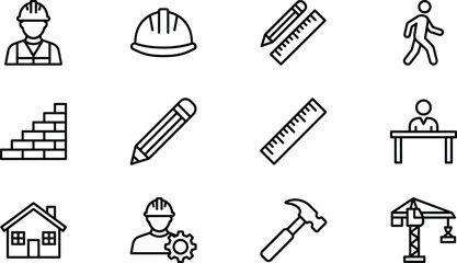 Construction and Engineering Line Icons Vector Set Building Architecture Tools Worker Symbols Development Industry Safety Equipment