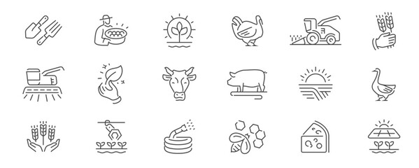 Farming line icons set. Agriculture farm industry concept vector. Symbols or signs for website and mobile app design