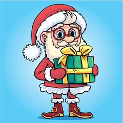 Santa is holding a green Christmas package