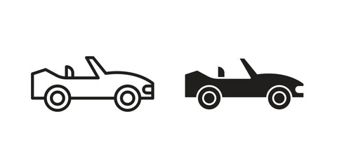 Convertible car icons. Solid black silhouette and line art outline. Minimal design element,