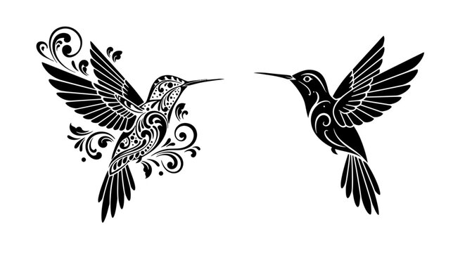 Two elegant black hummingbird silhouettes, one with intricate floral patterns and the other a simpler design, flying with outstretched wings.