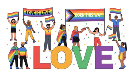 Diverse Group Celebrating Pride with Flags and Confetti, LOVE Letters