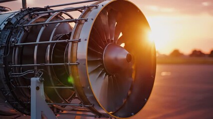 The powerful jet engine lies on the tarmac, gleaming under the soft evening light. This jet engine and tarmac showcase engineering excellence and the essence of aviation technology