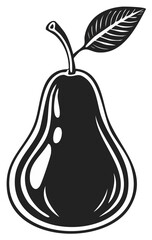 Monochrome illustration of a juicy pear with a glossy texture and leaf, showcasing clean lines and bold contrast on white