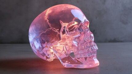 Bright pink skull sculpture sits on a surface with a neutral background during daylight, showcasing its clear and glossy appearance