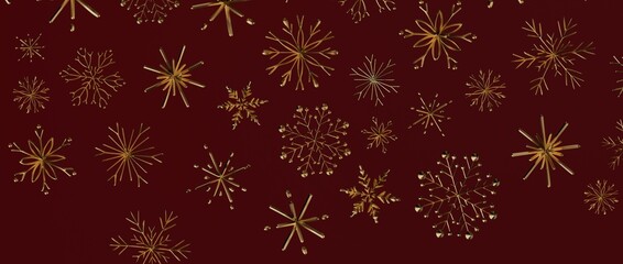 Christmas background with golden snowflakes on a maroon backdrop. Festive pattern for holiday designs. Perfect f