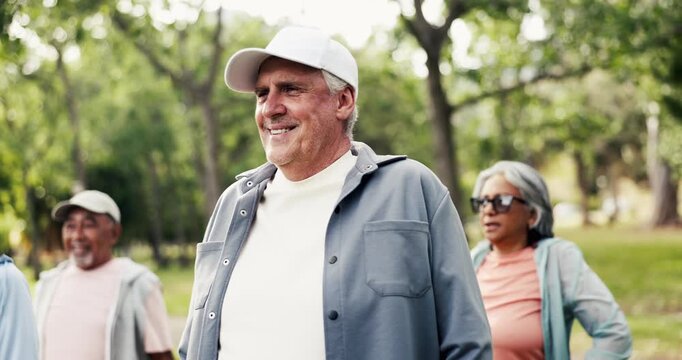 Exercise, warm up and old man in class outdoor for health, active retirement and body wellness. Fitness, happy person and senior group with workout, shoulder shrugs and training to improve posture