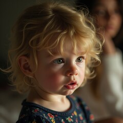 AI generated Young girl with curly hair displays amazement amidst warm family surroundings