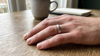 Close-up of Hand with Wedding Ring on Wooden Table.