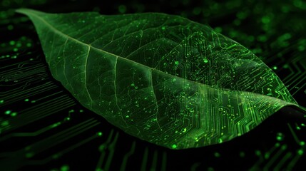 Green leaf on circuit board design with glowing patterns and digital elements in a dark background setting