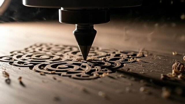 Close Up View of Precision Woodwork Engraving Process on Dark Wood Surface with Detailed Floral Pattern