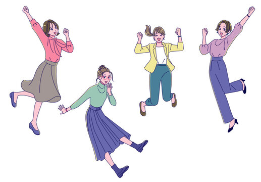 ジャンプして喜ぶ社会人女性たち