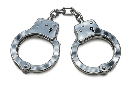 Handcuffs representing law, justice, crime, arrest, and restriction, with metal rings and chains, on transparent background