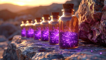 Four glowing purple potion bottles on rocky ground at sunset, mystical and fantasy-inspired.
