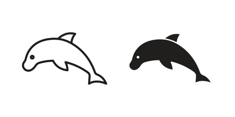 Obraz premium Dolphin icons. Solid black silhouette and line art outline. Minimal design element,