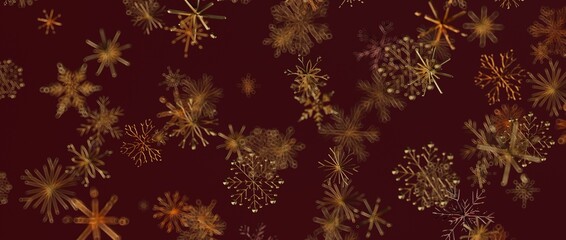 Abstract gold snowflakes fall on maroon background. Seasonal festive digital design for Christmas or winter proj